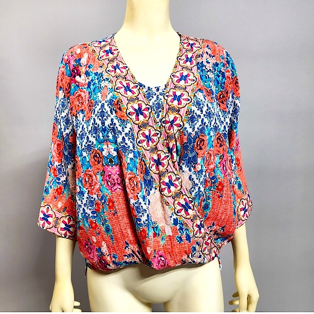 Tolani Silk Floral Long Sleeve Bohemian Blouse Pair with High Waisted TrousersXS